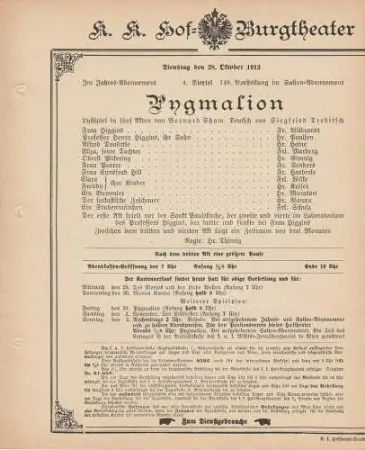 k. k. Hof = Burgtheater Wien: Theaterzettel Bernard Shaw PYGMALION 28. Oktober 1913 k. k. Hof = Burgtheater Wien (18). 