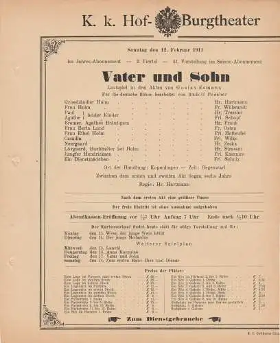 k. k. Hof = Burgtheater Wien: Theaterzettel Gustav Esmann VATER UND SOHN 12. Februar 1911 k. k. Hof = Burgtheater Wien (18). 