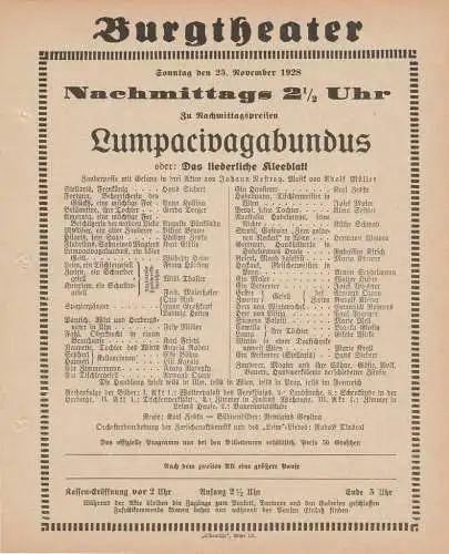 Burgtheater Wien: Theaterzettel Johann Nestroy LUMPACIVAGABUNDUS 25. November 1928 (18). 