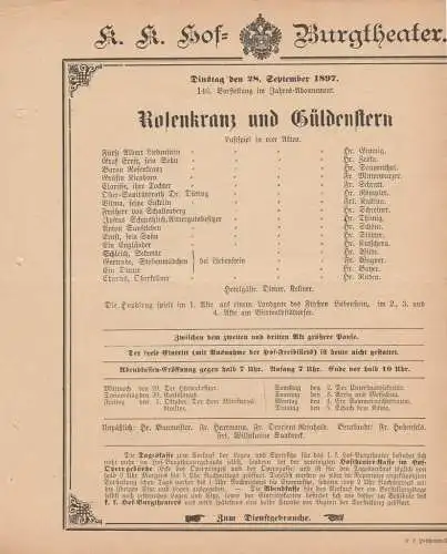 k. k. Hof = Burgtheater Wien: Theaterzettel Gustav Bondi ROSENKRANZ UND GÜLDENSTERN 28. September 1897 (18). 