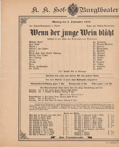 k. k. Hof = Burgtheater Wien: Theaterzettel Björnstjerne Björnson WENN DER JUNGE WEIN BLÜHT 5. September 1910 (18). 