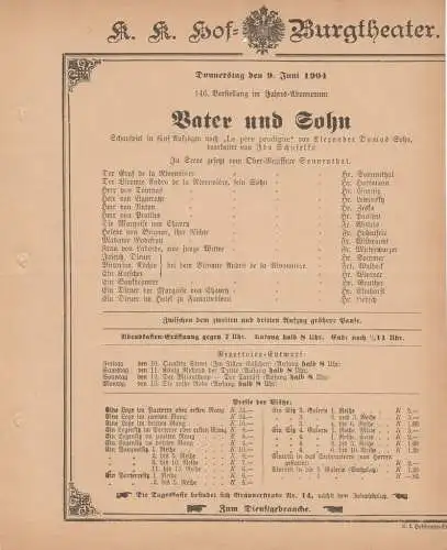 k. k. Hof = Burgtheater Wien: Theaterzettel Alexander Dumas VATER UND SOHN 9. Juni 1904 (18). 