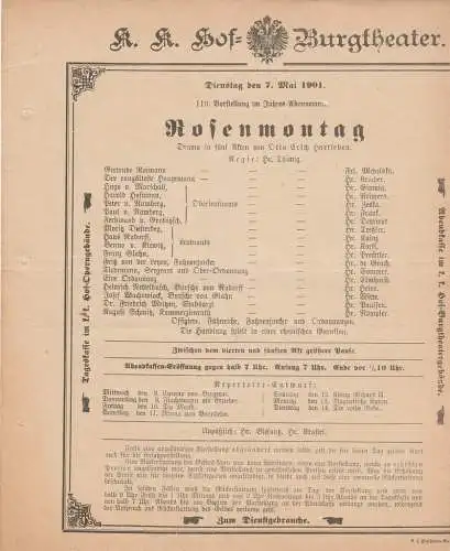 k. k. Hof = Burgtheater Wien: Theaterzettel Otto Erich Hartleben ROSENMONTAG 7. Mai 1901 (18). 