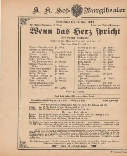 k. k. Hof = Burgtheater Wien: Theaterzettel Francis de Croisset WENN DAS HERZ SPRICHT 16. Mai 1912 (18). 