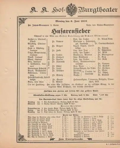 k. k. Hof = Burgtheater Wien: Theaterzettel Kadelburg / Skowronnek HUSARENFIEBER 6. Juni 1910 (18). 