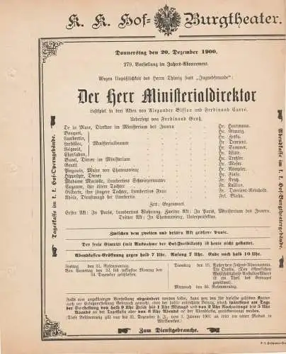 k. k. Hof = Burgtheater Wien: Theaterzettel Bisson / Carre DER HERR MINISTERIALDIREKTOR 20. Dezember 1900 (18). 