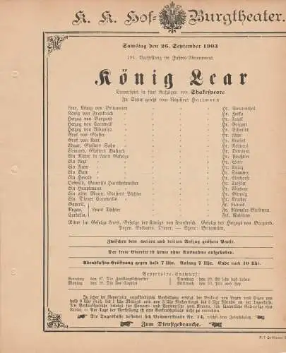 k. k. Hof = Burgtheater Wien: Theaterzettel Shakespeare KÖNIG LEAR 26. September 1903 (18). 