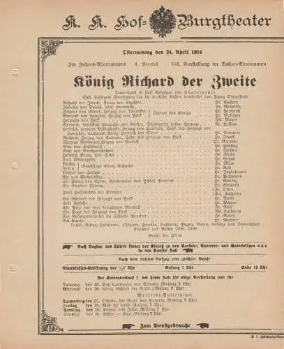 k. k. Hof = Burgtheater Wien: Theaterzettel Shakespeare KÖNIG RICHARD DER ZWEITE 24. April 1916 (18). 