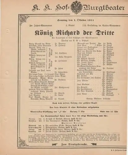 k. k. Hof = Burgtheater Wien: Theaterzettel Shakespeare KÖNIG RICHARD DER DRITTE 1. Oktober 1911 (18). 
