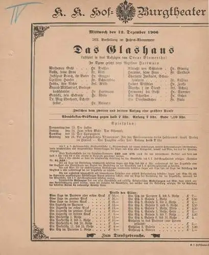 k. k. Hof = Burgtheater Wien: Theaterzettel Oscar Blumenthal DAS GLASHAUS 12. Dezember 1906 (18). 