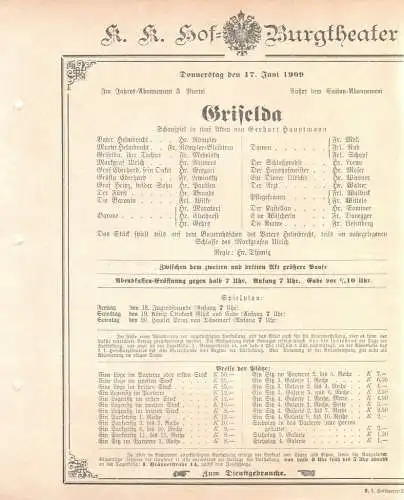 k. k. Hof = Burgtheater Wien: Theaterzettel Gerhart Hauptmann GRISELDA 17. Juni 1909 (18). 