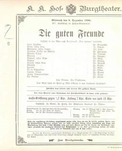 k. k. Hof = Burgtheater Wien: Theaterzettel Sardou DIE GUTEN FREUNDE 9. Dezember 1896 (18). 