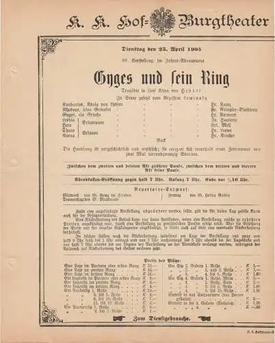 k. k. Hof = Burgtheater Wien: Theaterzettel Hebbel GYGES UND SEIN RING 25. April 1905 (18). 