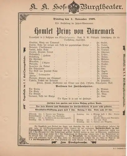 k. k. Hof = Burgtheater Wien: Theaterzettel Shakespeare HAMLET PRINZ VON DÄNEMARK 1. November 1898 (18). 