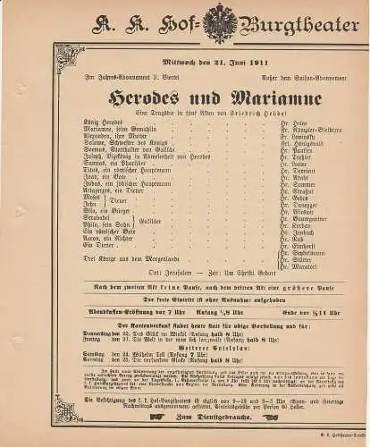 k. k. Hof = Burgtheater Wien: Theaterzettel Friedrich Hebbel HERODES UND MARIANNE 21. Juni 1911 (18). 