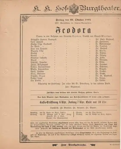 k. k. Hof = Burgtheater Wien: Theaterzettel Victorien Sardou FEODORA 25. Oktober 1895 (18). 