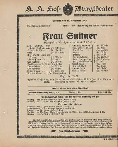 k. k. Hof = Burgtheater Wien: Theaterzettel Karl Schönherr FRAU SUITNER 11. November 1917 (18). 