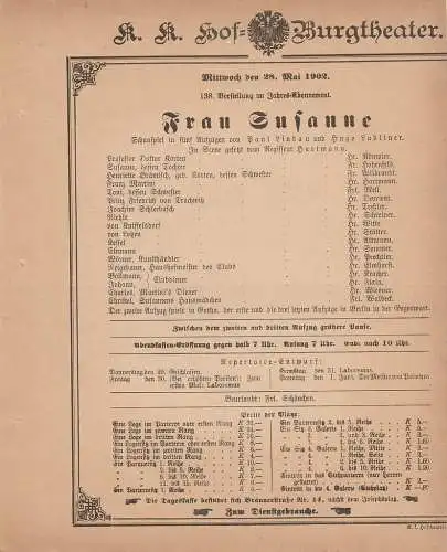 k. k. Hof = Burgtheater Wien: Theaterzettel Paul Lindau / Hugo Lubliner FRAU SUSANNE 28. Mai 1902 (18). 
