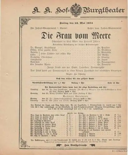k. k. Hof = Burgtheater Wien: Theaterzettel Henrik Ibsen DIE FRAU VOM MEERE 23. Mai 1913 (18). 
