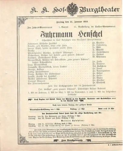 k. k. Hof = Burgtheater Wien: Theaterzettel Gerhart Hauptmann FUHRMANN HENSCHEL 21. Januar 1916 (18). 