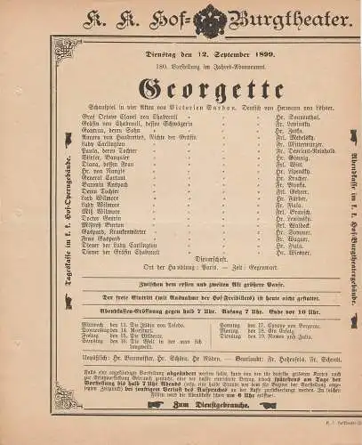 k. k. Hof = Burgtheater Wien: Theaterzettel Victorien Sardou GEORGETTE 12. September 1899 (18). 