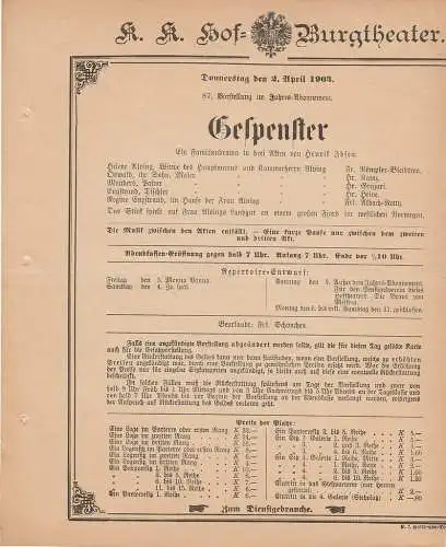 k. k. Hof = Burgtheater Wien: Theaterzettel Henrik Ibsen GESPENSTER 2. April 1903 (18). 