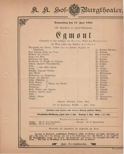 k. k. Hof = Burgtheater Wien: Theaterzettel Goethe EGMONT 19. Juni 1902 (18). 
