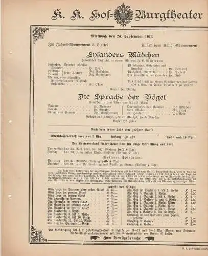 k. k. Hof = Burgtheater Wien: Theaterzettel Widmann / Paul LYSANDERS MÄDCHEN / DIE SPRACHE DER VÖGEL 24. September 1913 (18). 