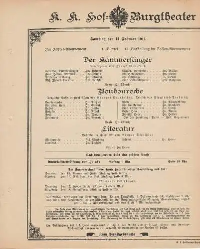 k. k. Hof = Burgtheater Wien: Theaterzettel Wedekind / Courteline / Schnitzler DER KAMMERSÄNGER / BOUBOUROCHE / LITERATUR 14. Februar 1914 (18). 