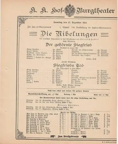 k. k. Hof = Burgtheater Wien: Theaterzettel Friedrich Hebbel DIE NIBELUNGEN 13. Dezember 1913 (18). 