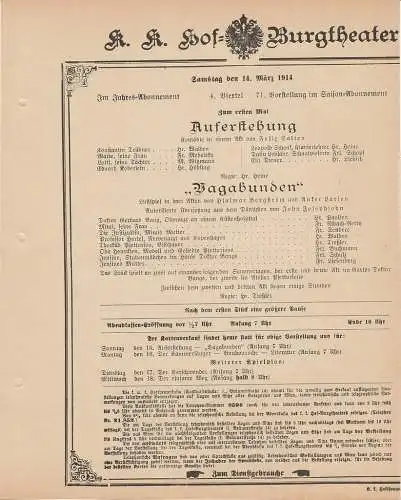 k. k. Hof = Burgtheater Wien: Theaterzettel Felix Salten / Hjalmar Bergström AUFERSTEHUNG / VAGABUNDEN 14. März 1914 (18). 