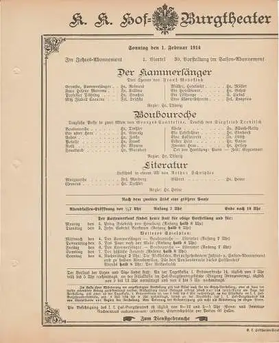 k. k. Hof = Burgtheater Wien: Theaterzettel Wedekind / Courteline / Schnitzler DER KAMMERSÄNGER / BOUBOUROCHE / LITERATUR 1. Februar 1914 (18). 