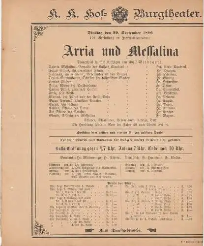 k. k. Hof = Burgtheater Wien: Theaterzettel Adolf Wilbrandt ARRIA UND MESSALINA 29. September 1896 (18). 