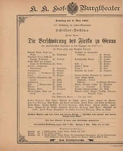 k. k. Hof = Burgtheater Wien: Theaterzettel Schiller DIE VERSCHWÖRUNG DES FIESKO zu GENUA 6. Mai 1905 (18). 