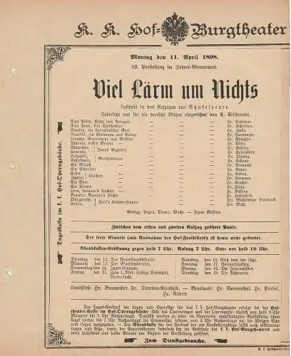 k. k. Hof = Burgtheater Wien: Theaterzettel Shakespeare VIEL LÄRM UM NICHTS 11. April 1898 (18). 