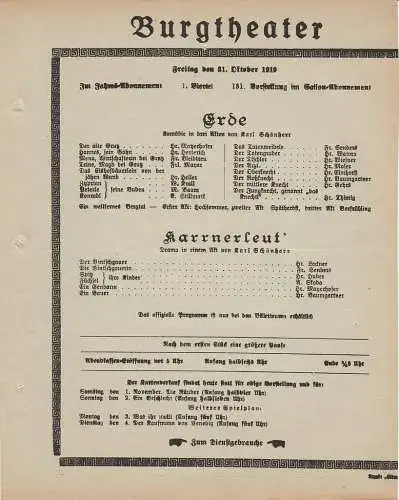 Burgtheater Wien: Theaterzettel Karl Schönherr ERDE / KARRNERLEUT' 31. Oktober 1919 (18). 