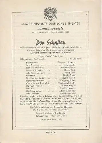 Max Reinhardts Deutsches Theater, Wolfgang Langhoff, Kammerspiele: Programmheft Jewgenij Schwarz DER SCHATTEN (18). 