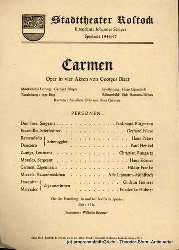 Stadttheater Rostock, Johannes Semper: Theaterzettel Carmen. Oper von Georges Bizet. Spielzeit 1946 / 47 (18). 