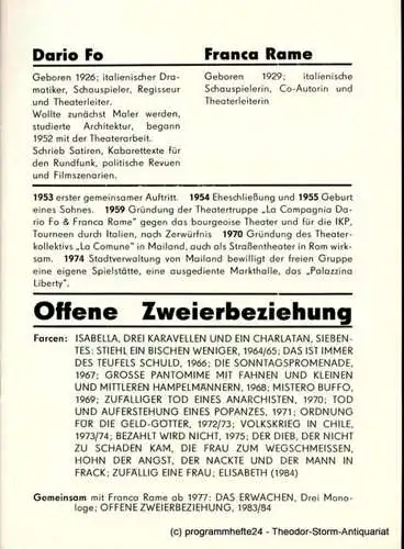 Theater der Altmark Stendal, Ulrich Hammer, Carl Ceiss: Programmheft Offene Zweierbeziehung von Dario Fo und Franca Rame. Spielzeit 1989 / 90 Heft 6 (18). 