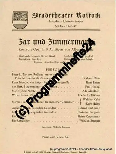 Stadttheater Rostock, Johannes Semper: Theaterzettel Zar und Zimmermann. Komische Oper von Albert Lortzing. Spielzeit 1946 / 47 (18). 