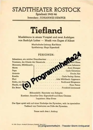 Stadttheater Rostock, Johannes Semper: Theaterzettel TIEFLAND. Spielzeit 1945 / 46 (18). 