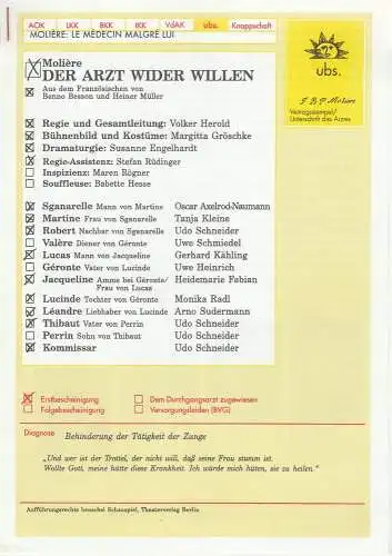 Uckermärkische Bühnen Schwedt, Reinhard Simon, Susanne Engelhardt: Programmheft Moliere DER ARZT WIDER WILLEN Premiere 8. Juni 2001 Spielzeit 2000 / 01 Heft 10 (18). 