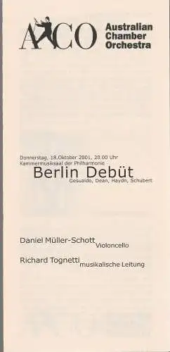 ACO Australian Chamber Orchestra: Programmheft AUSTRALIAN CHAMBER ORCHESTRA 18. Oktober 2001 Kammermusiksaal Philharmonie (18). 