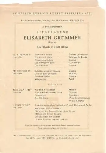 Konzertdirektion Robert Streiber, Kiel: Theaterzettel 2. MEISTERKONZERT ELISABETH GRÜMMER 26. Oktober 1959 Reichshallentheater Kiel (18). 