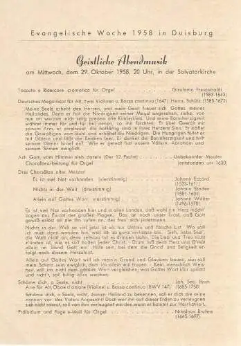Salvatorkirche Duisburg: Theaterzettel GEISTLICHE ABENDMUSIK 29. Oktober 1958 Salvatorkirche Duisburg (18). 