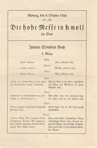 Bremer Dom: Programmheft Johann Sebastian Bach DIE HOHE MESSE IN h MOLL 8. Oktober 1934 Bremer Dom (18). 