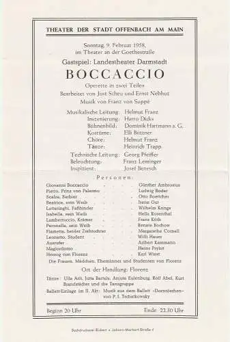 Theater der Stadt Offenbach am Main: Theaterzettel Franz von Suppe BOCCACCIO 9. Februar 1958 Theater an der Goethestraße (18). 
