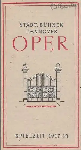 Städtische Bühnen Hannover, Städtisches Reklameamt Hannover: Programmheft  Richard Wagner DER FLIEGENDE HOLLÄNDER 1. April 1948 Spielzeit 1947 / 48 (18). 