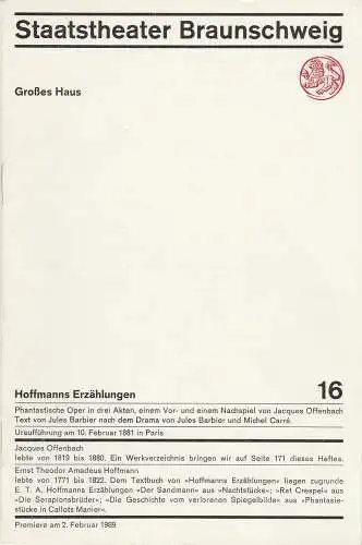 Staatstheater Braunschweig,Hans Peter Doll, Alek Pohl, Heinz H. Rosenthal, Burkhard Heinrichsen, Karl-Ernst Herrmann: Programmheft Jacques Offenbach HOFFMANNS ERZÄHLUNGEN Premiere 2. Februar 1969 Großes Haus Heft 16 (18). 