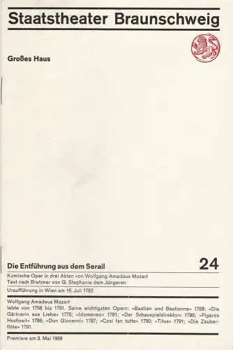Staatstheater Braunschweig, Hans Peter Doll, Horst Statkus, Heinz H. Rosenthal, Burkhard Heinrichsen, Karl-Ernst Herrmann: Programmheft Wolfgang Amadeus Mozart DIE ENTFÜHRUNG AUS DEM SERAIL Premiere 3. Mai 1969 Großes Haus Heft 24 (18). 